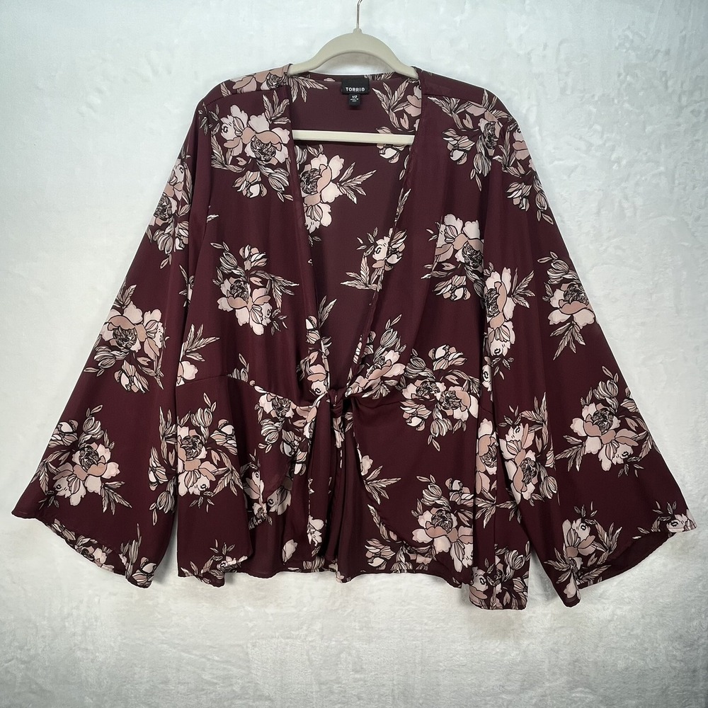 Torrid Front Tie Cardigan Women's 1/2 (14-18) Burgundy Floral Fall Vibe